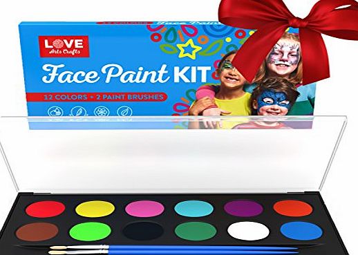 LoveArtsCrafts Face Painting Kit- Safe Non Toxic 12 Vibrant Color Palette . Professional Quality Face Paint Kits with 2 brushes and Bonus E-book. Ideal Christmas stocking fillers
