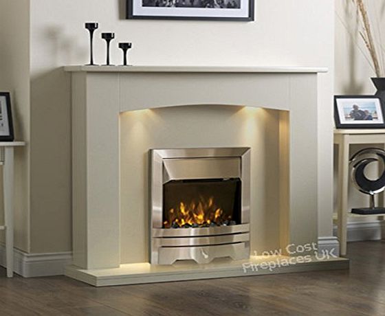 Low Cost Fireplaces UK Electric Cream Ivory Silver LED Flame Fire Wall Surround Fireplace Suite Lights Spotlights 48``