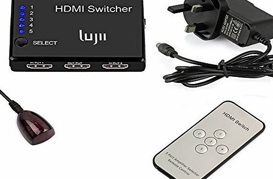 LUJII HDMI 1.4 Switcher, LUJII 5 Port HDMI Switch 5 Input 1 Output Splitter Box HDMI Hub with IR Remote Control and Power Adapter for PS3 Xbox 360(slim) Sky Box Freesat Virgin Bluray Player DVD HDTV Camcord
