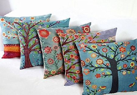 Luxbon Set of 5 Pcs Chic Style Trees Printed Cushion Cover Durable Cotton Linen Throw Pillow Shell Case Home Decor 18X18 inch 45x45cm