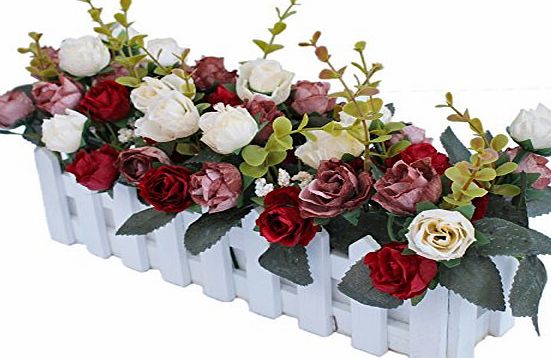 Luyue DIY Artificial Silk Flowers Arrangement Fake Rose in Picket Fence Pot Pack (Red Coffee Set)