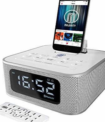 MAJORITY Neptune Speaker Docking Station Bluetooth Alarm Clock FM Radio Lightning Dock for iPhone 5 5S 5C 6 6  6S 7 7  iPad Air Mini iPod (White)