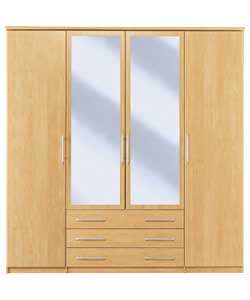 Manhattan Golden Oak 4-Door Wardrobe - 3 Wide Drawers