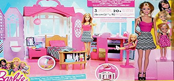 Mattel GmbH Barbie Glam Getaway House - Furnished - 76cm Wide - 20  Pieces - Bonus Pack with 2 Dolls - Barbie amp; Little Sister