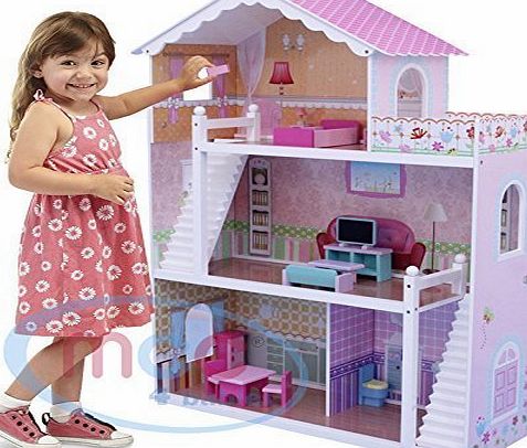 MCC Wooden Kids Doll House With Furniture amp; Staircase Fits Barbie Dollhouse