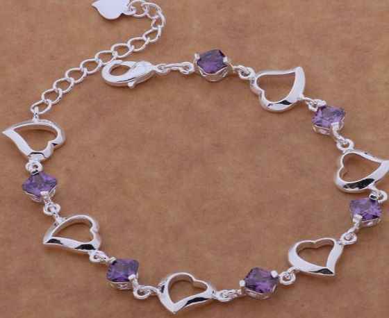 Mcitymall77 Cute,Romantic Design Silver Heart Bracelet with Purple Diamond, for Girls and Lady.