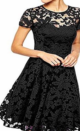 Measoul Women Round Neck Short Sleeve Pleated Lace Mini Party Evening Cocktail Dress