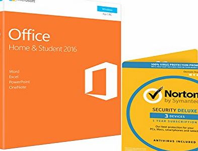 Microsoft Office Home and Student 2016 - Licence Key amp; Norton Security Deluxe 3.0 - 1 User, 3 Devices, 12 Month License Card - Bundle (PC)