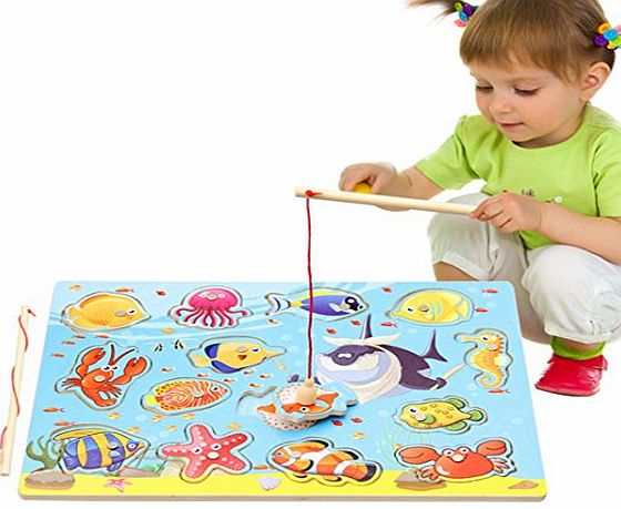 Millya Magnetic Wooden Toys Fishing Game Toy Set with Fishing Pole