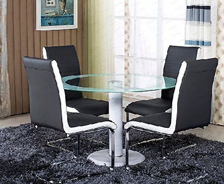 minifair Round Clear White Side Glass Dining Table Set 4 Grey White Faux Leather Chairs