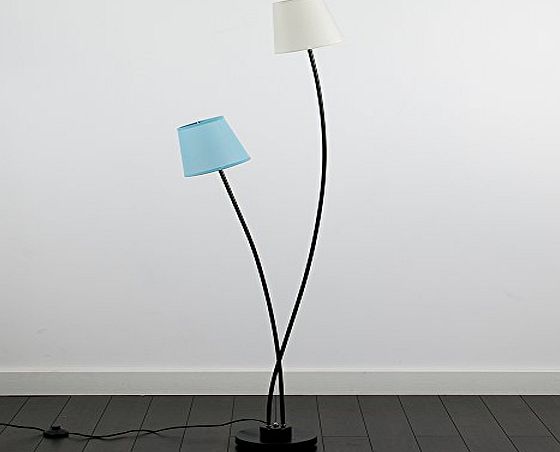 MiniSun Modern Twisted Curved Design 2 Way Gloss Black Floor Lamp - Complete with Cream amp; Duck Egg Blue Fabric Tapered Shades