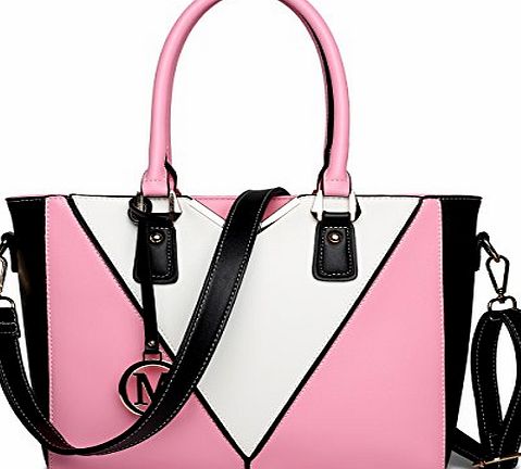 Miss Lulu Leather Look V-Shape Shoulder Handbag (Pink)