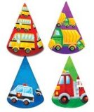 MISS PARTYS PARTY BITS N BOBS PARTY WHEELS PARTY HATS X 8 - FIRE ENGINE, FARM TRACTOR, POLICE CAR, SCHOOL BUS PARTY SUPPLIES AND PRODUCTS