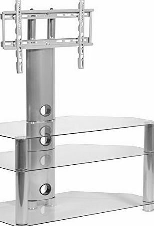 MMT Glass TV Stand by MMT, Cantilever - Fits LED TVs, LCD TVs, and Plasma Flat Panel TVs from 26 inch - 50 inch - Sturdy, Easy to Assemble - Aluminum Silver Finish - Three Glass Shelves - Cable Management