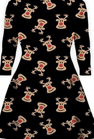 MMT Womens Ladies Long Sleeves Santa Gifts Bells Snowman Christmas Xmas Printed Flared Swing Dress Top