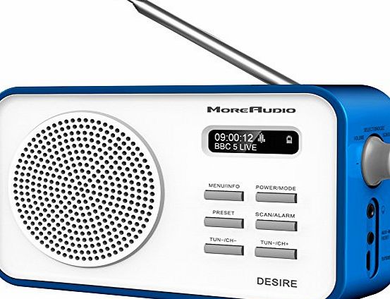 MoreAudio Desire DAB Digital FM Radio Alarm Clock - Rechargable Battery / Mains Powered - Blue