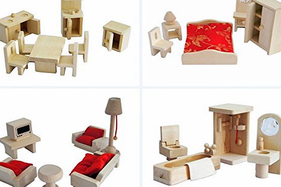 MTS Childs Wooden Miniature Dolls House Furniture Role Toy Pretend Play Home (Set of 4 - Bathroom Kitchen Bedroom Lounge)