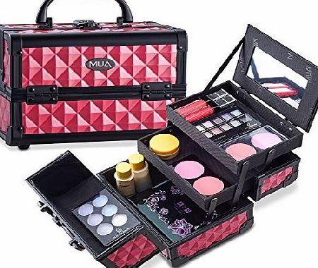 MUA Limited  Cosmetic Aluminum Train Case, Compact Makeup Storage Organiser, Beauty Box with Lock and Key, Hot Pink with Black Trim 19.5 L x 15 W x 16 H (cm)