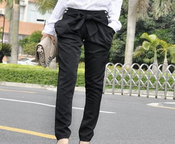 Museya Fashion Spring Summer Womens Casual Slim Fit Skinny Bowknot Long Harem Pants Trousers - Size L (Black)