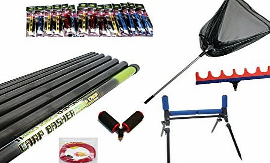 NGT Carp Basher 11 m Take Apart Fishing Pole 2 x Rollers Rigs Net Roost Elastic Kit