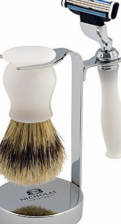 Nicholas Winter 3 Piece White / Silver Traditional Shaving Set. Brush, Razor amp; Stand. Mach 3 Compatible