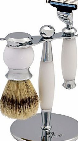 Nicholas Winter 3 Piece White / Silver Traditional Shaving Set In Stand. Gillette Mach 3 Compatible