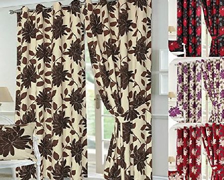 Nightzone Luxury SEREN Pair of fully Lined HALF PANAMA CURTAINS with TIE BACKS- Ready Made Stylish amp; Multi-Flowers CURTAINS - 5 Colors- UK Sizes (66`` X 72``, SEREN- Wine)