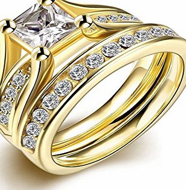 NYKKOLA Gold Plating 2 Pcs A Set Cut Combination Cubic Zirconia Engagement Ring Stainless Steel Size 6 - 9