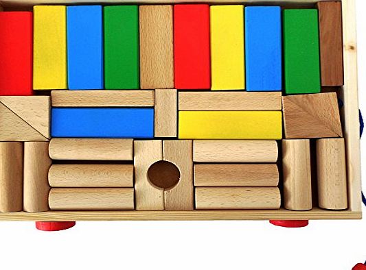 Obique Childrens Wooden Toy Pull Along Trolley With natural wood and coloured Building Blocks Large 31 Pieces
