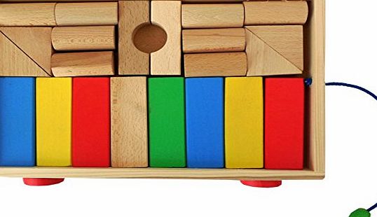 Obique Childrens Wooden Toy Pull Along Trolly With Building Blocks Small with Natural Wood and Coloured Blocks 22 Pieces