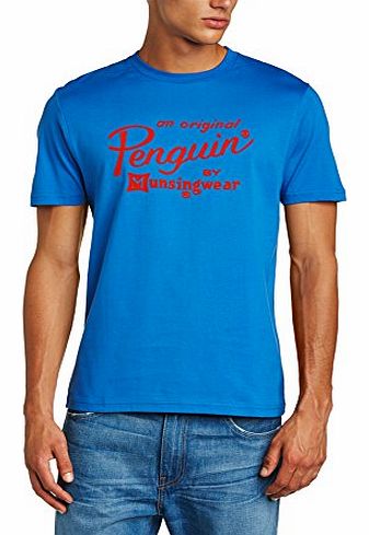 Original Penguin Mens Flocked Logo Printed Crew Neck Short Sleeve T-Shirt, Blue (Turkish Seas), Small