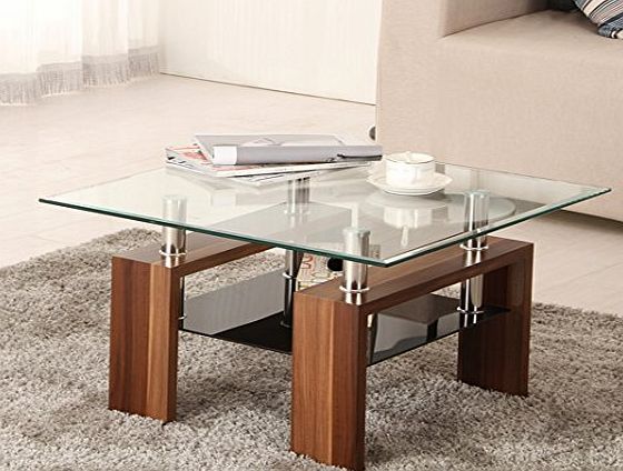 OSPI Square Coffee Table/Low Table with storage shelf Clear tempered glass MDF Legs with Stainless Steel support W65xD65xH43 cm (Brwon)