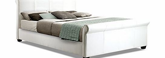Scroll / Sleigh Double Bed Upholstered in Faux Leather, 4 ft 6, White