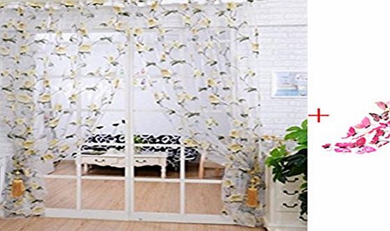 Ouneed Fashion Brilliant Peony flowers Tulle Window Screens Door Balcony Curtain Sheer Scarfs Cover (Yellow)