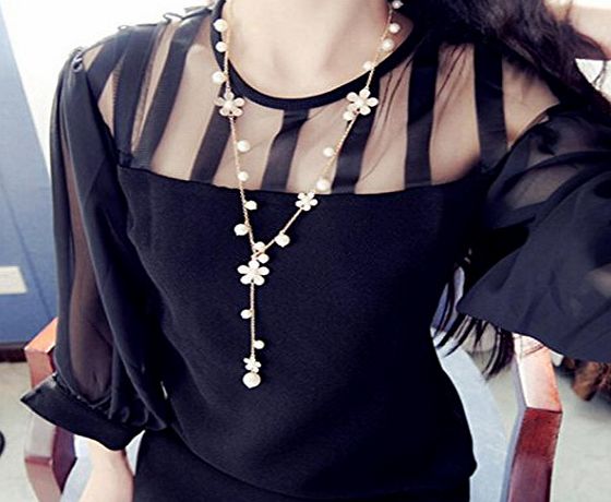 OverDose Womens Elegant Pearl Flower Sweater Chain Long Pendant Necklace Fashion Jewelry