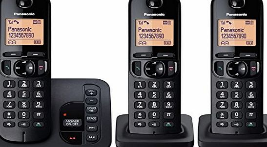 Panasonic KX-TGC223EB Digital Cordless Phone with LCD Display - Black, Pack of 3