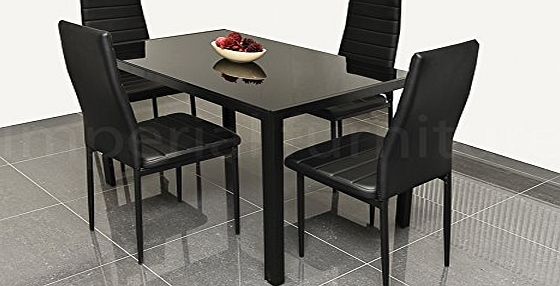 Pearl Furniture DESIGNER STYLE BLACK GLASS DINING TABLE SET WITH 4 FAUX LEATHER CHAIRS
