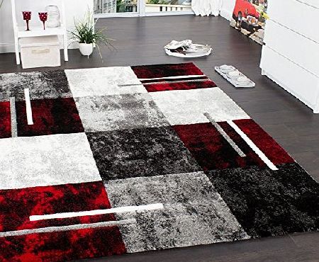 PHC Designer Carpet Modern With Contour Cut Chequered In Silver Black Red, Size:80x300 cm