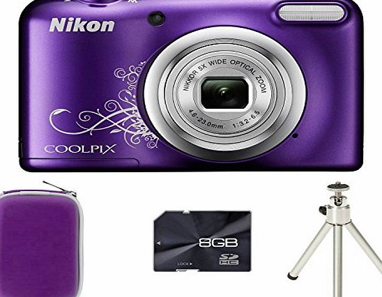 Picsio Nikon Coolpix A10 Digital Camera - Purple   Case   8GB Card   Tripod (16.1MP, 5x Optical Zoom) 2.7 inch LCD