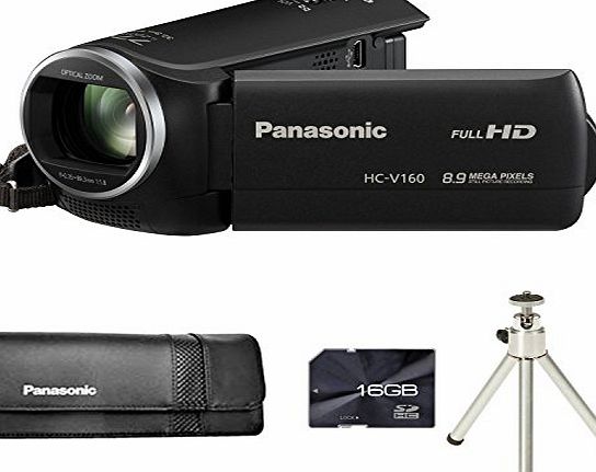 Picsio Panasonic HC-V160 Full HD Camcorder - Black   VWPS66XEK Case   16GB Card and Tripod (8.9MP, 77x Intelligent Zoom) 2.7 inch Touchscreen LCD