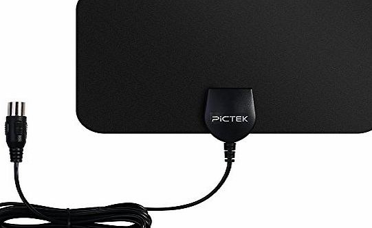 Pictek TV Aerial, Pictek Indoor TV Aerial Ultra-Thin Amplified 25 Mile Range HDTV Antenna for Better Digital Freeview and Analog TV Signals with 10 Feet Long Cable , Black