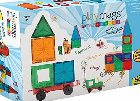 Playmags Clear Colors Magnetic Tiles Building Set with Car (50 Pieces)