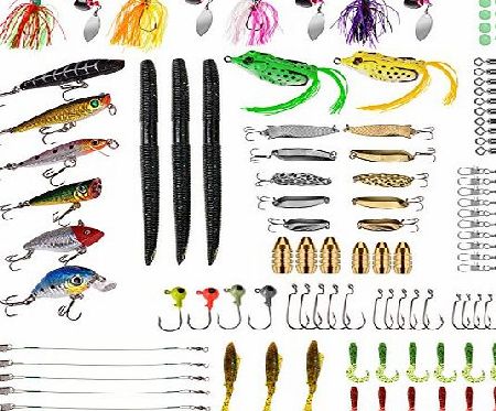 PLUSINNO Fishing Lure Tackle, 102Pcs Including Frog Lures, Hard Lures, Spinnerbaits, Spoon Lures, Soft Lures, Popper, Crank, Tackle Box and More Fishing Gear Lures Kit Set
