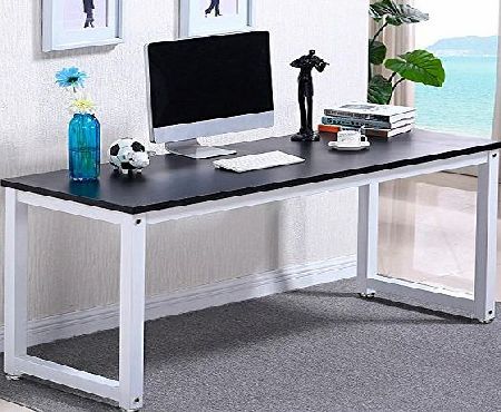 Popamazing Simple Computer Desk Wood Desktop Workstation Steel Frame Table Home Office Furniture (Black)