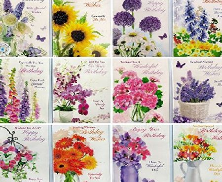 Poppy Hill Pack of 12 Vibrant Floral Birthday Cards, Glitter Embossed with Envelopes