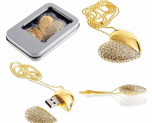Portworld  Delicate Crystal Rhinestone Decor Heart Necklace Diamond Jewerly 32GB USB2.0 Memory Stick Flash Drive with Chain-Gold