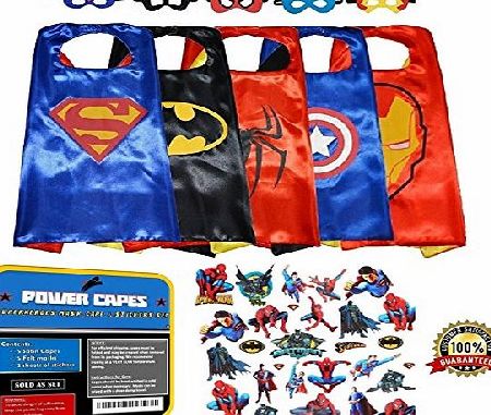 Power Capes : Superhero Costumes Dress Up For Kids - Comics Cartoon Heroes: Cape and Mask Costume (Set of 5) - Includes BONUS Heros Sticker Sheets: The Ultimate Party Supply Bundle!