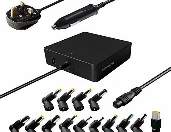 POWSEED 90W Multi Connector Laptop AC Adapter Power Supply and 12V Car Charger for Notebook Computers and Smartphones Asus HP Dell Toshiba IBM Lenovo Acer Samsung Sony with 5V 2A USB Charger for Iphon