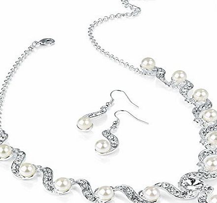 Pristina Jewellery Shiny Silver and Pearl Diamante Necklace and Earring Set Costume Fashion Jewellery