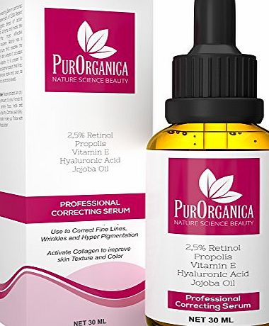 PurOrganica RETINOL SERUM - Best Treatment for Pigmentation, Acne and Acne Scars, Fine Lines, Wrinkles and Dark Circles - Premium 2.5 Retinol, Vegan Hyaluronic Acid amp; Jojoba Oil - It Works or 100
